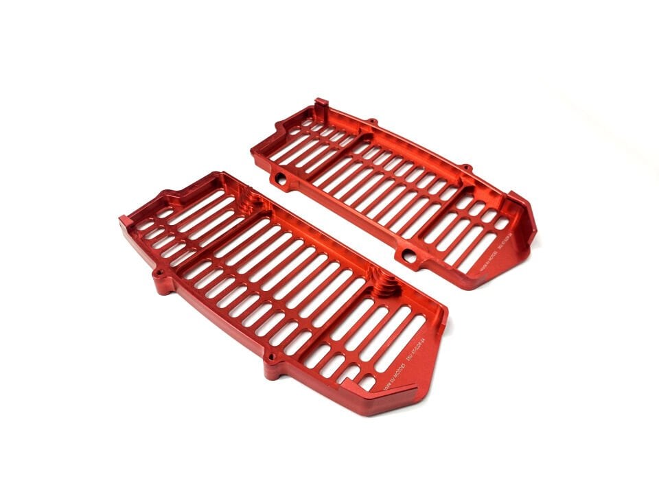 Red, CNC Machined Radiator Guard from Solid Aluminum Sheet for KTM/HUSQ/GASGAS.